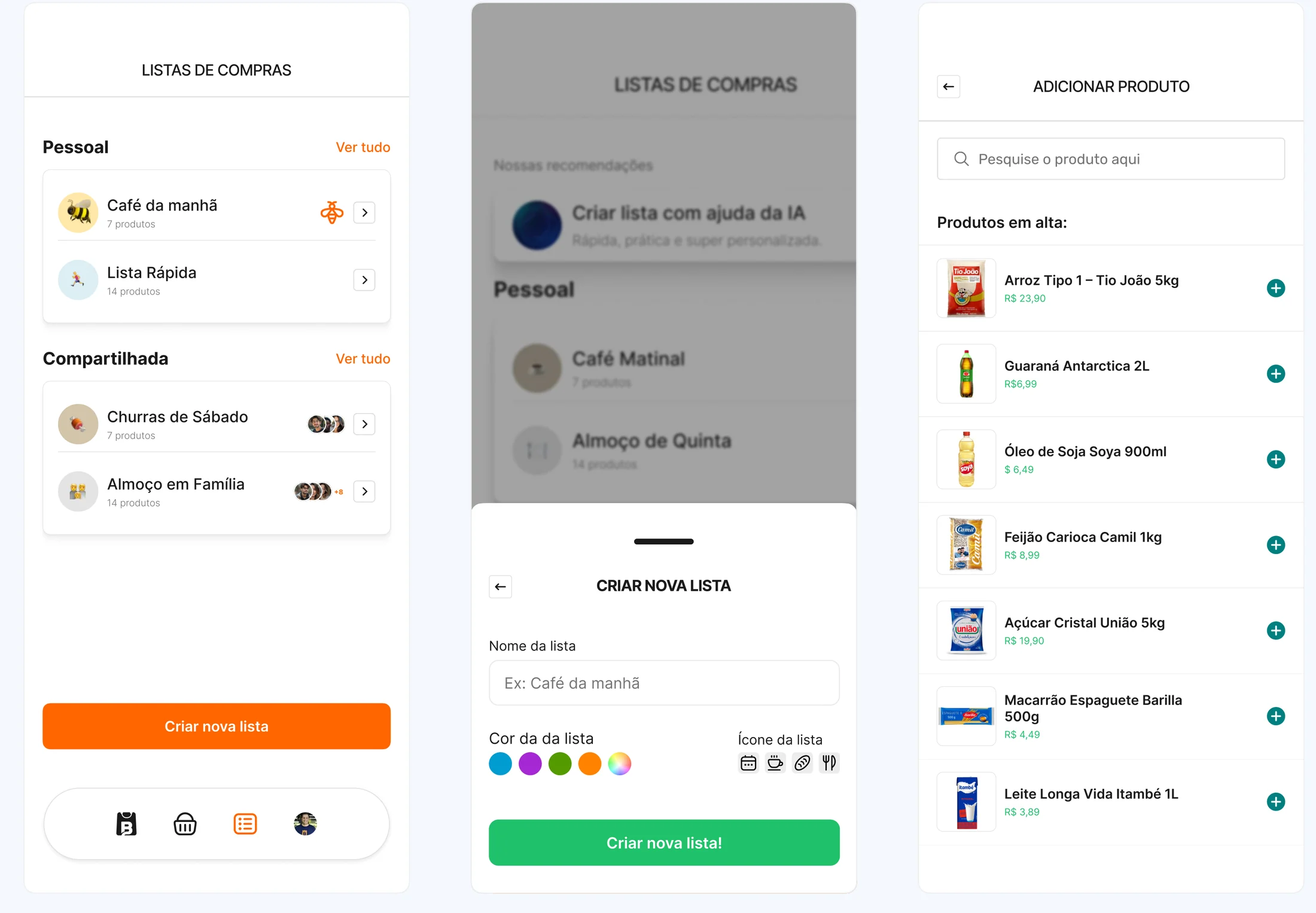 Três telas: listas pessoais e compartilhadas, bottom sheet de criação de nova lista e busca de produtos com preços.