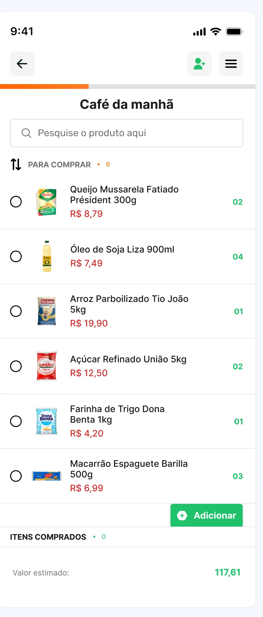 Lista ativa com produtos, quantidades, preços, itens comprados e valor estimado no rodapé.