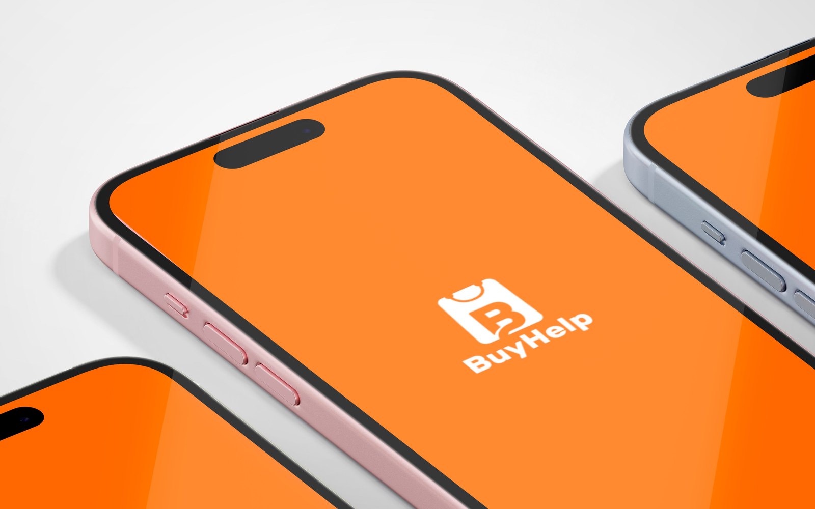 Mockup do aplicativo BuyHelp em três celulares