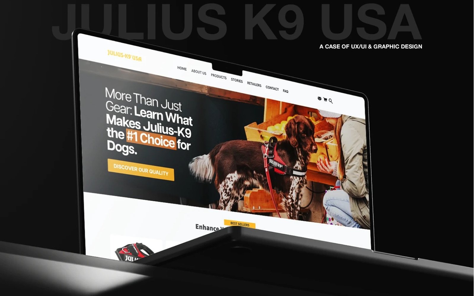 Home do e-commerce da Julius K9 USA em um notebook