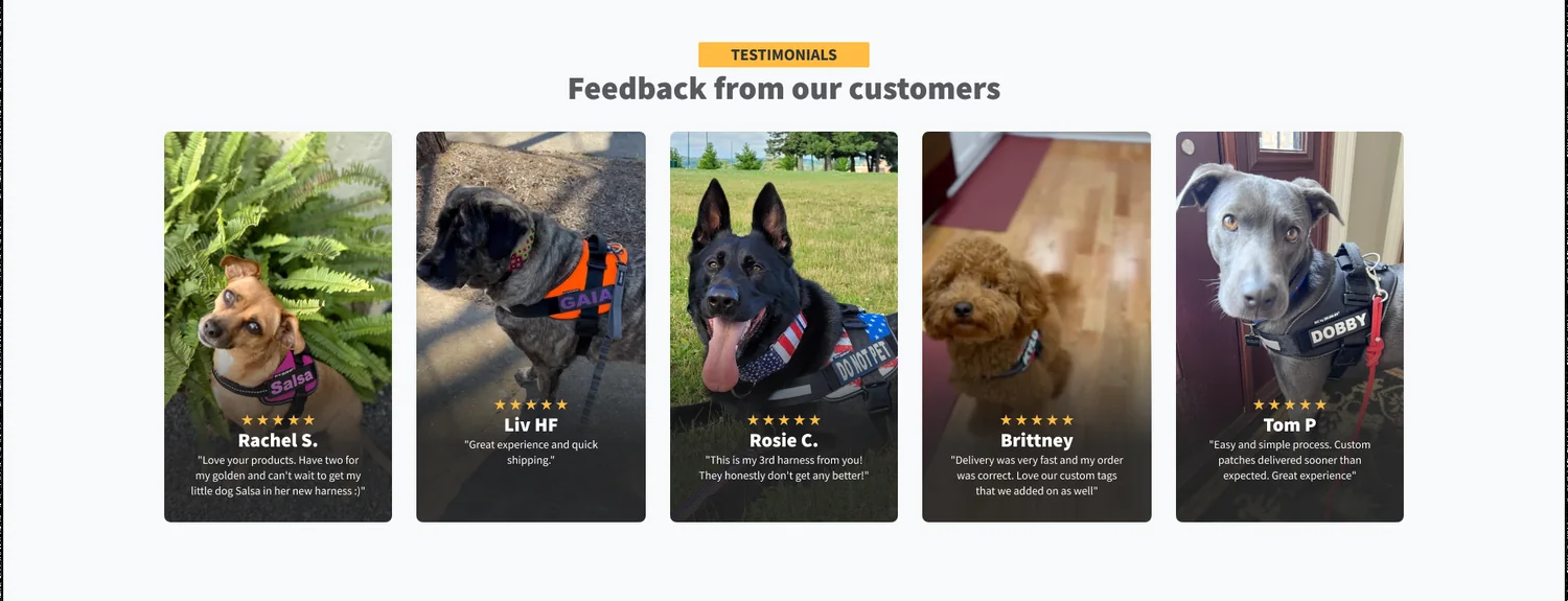 Bloco novo de depoimentos com cinco fotos de clientes, nota em estrelas e nome